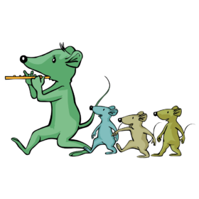 Museumsmaskottchen Isi mit Flöte und 3 folgenden Mäusen.