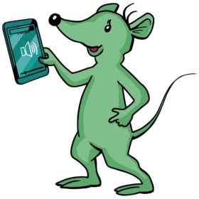 Maskottchen Isi mit Tablet in der Hand