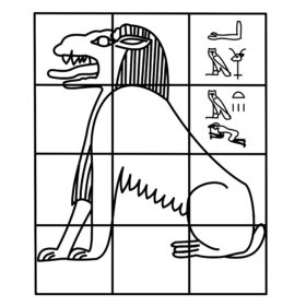 Strichzeichnung: Die große Totenfresserin Ammit mit Hieroglyphen daneben in einem Quadratnetz
