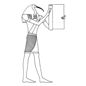 Strichzeichnung des ibisköpfigen Gottes Thot mit einer Papyrusrolle in der Hand