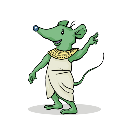 Maskottchen Isi - eine grüne Spitzmaus - in altägyptischem Kleid